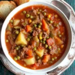 Old-Fashioned Vegetable Beef Soup served in a rustic bowl with tender beef, potatoes, peas, and carrots