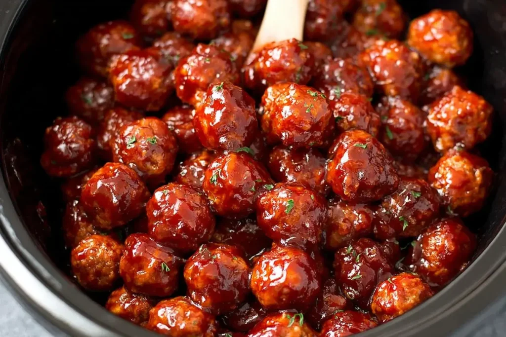 Close-up of Cranberry BBQ Crockpot Meatballs coated in a thick, glossy cranberry barbecue sauce inside a slow cooker