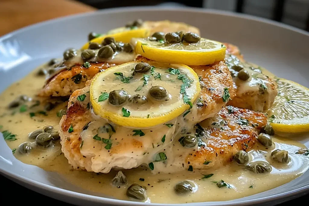 Crockpot Chicken Piccata served with lemon slices, capers, and a creamy buttery sauce, showcasing tender chicken breasts perfect for an easy slow cooker dinner.