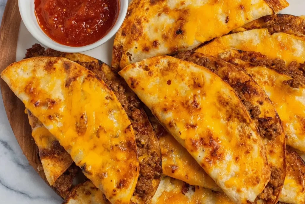 Sheet Pan Tacos piled on a plate with crispy tortillas, seasoned ground beef, melted cheddar, and a bowl of salsa for dipping.