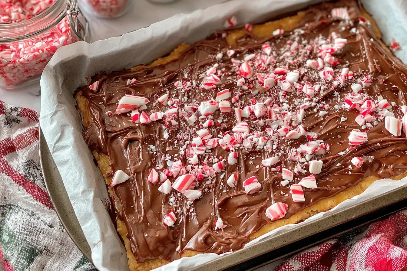 Gluten Free Christmas Crack topped with melted chocolate and crushed candy canes on a baking sheet.