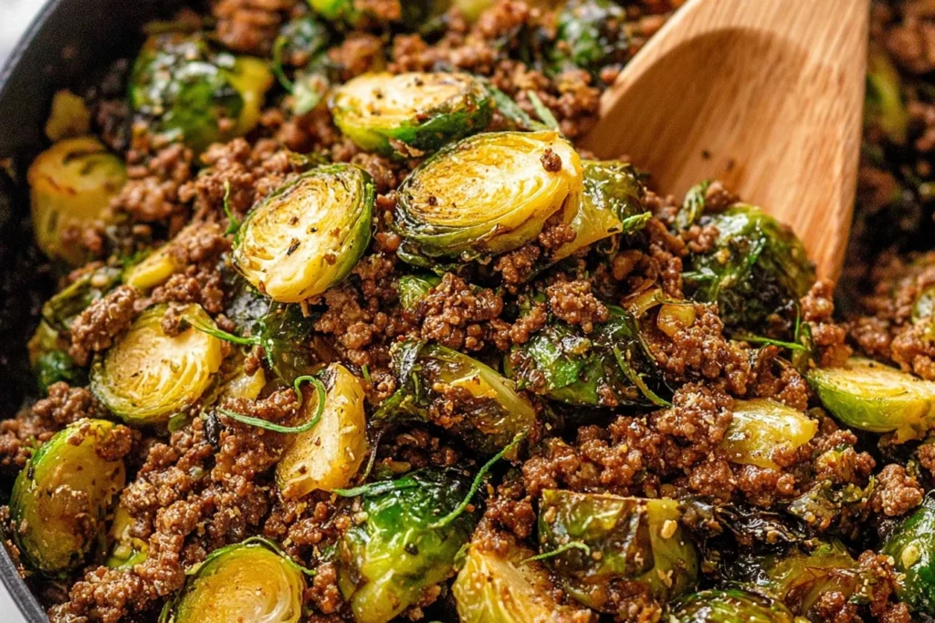 Ground Beef and Brussels Sprouts cooking in a skillet, featuring caramelized Brussels sprouts and savory seasoned ground beef being stirred with a wooden spoon.