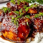 Slow Cooker Honey Garlic Chicken served over rice with a glossy sweet-savory sauce, sesame seeds, and chopped green onions.