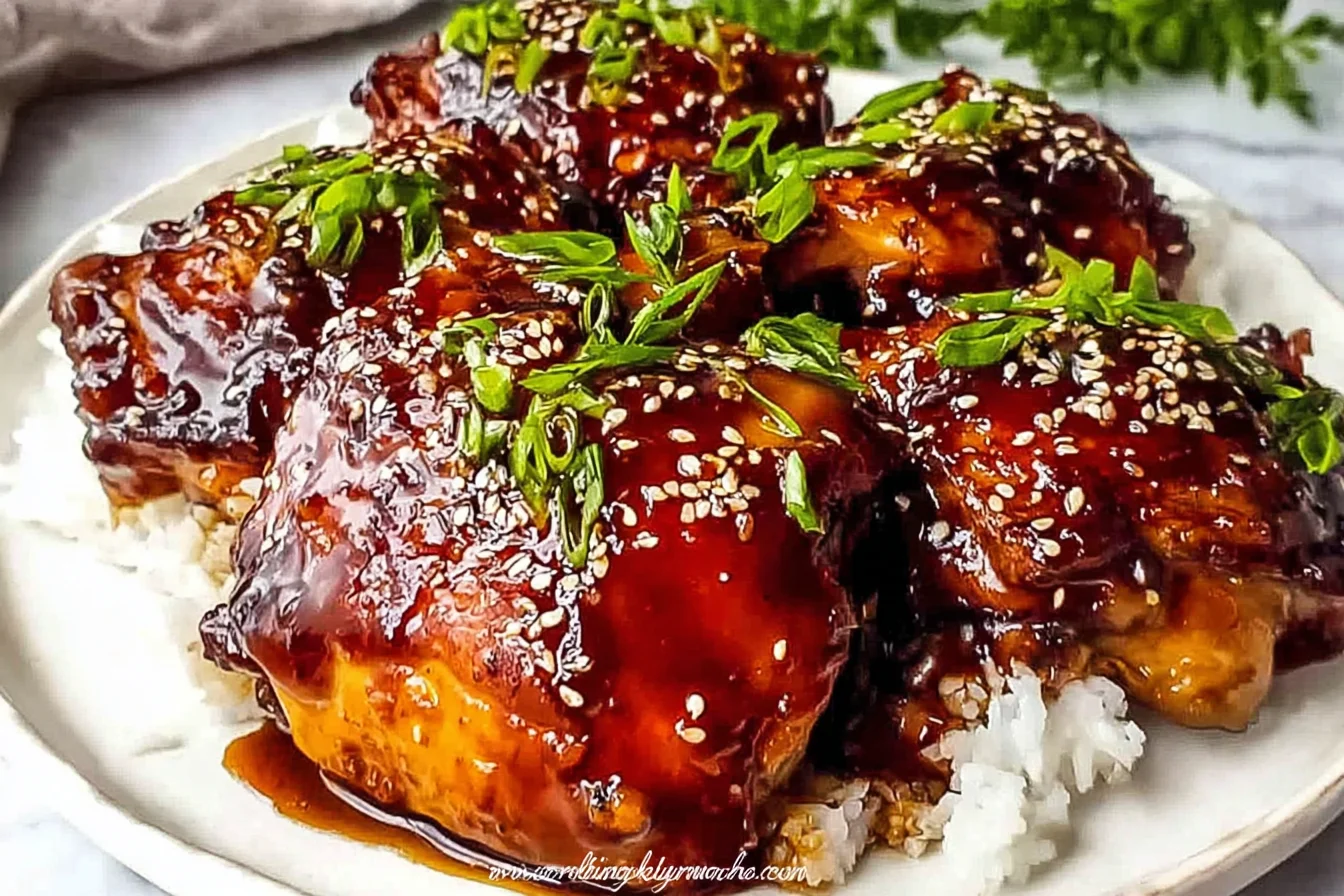 Slow Cooker Honey Garlic Chicken served over rice with a glossy sweet-savory sauce, sesame seeds, and chopped green onions.