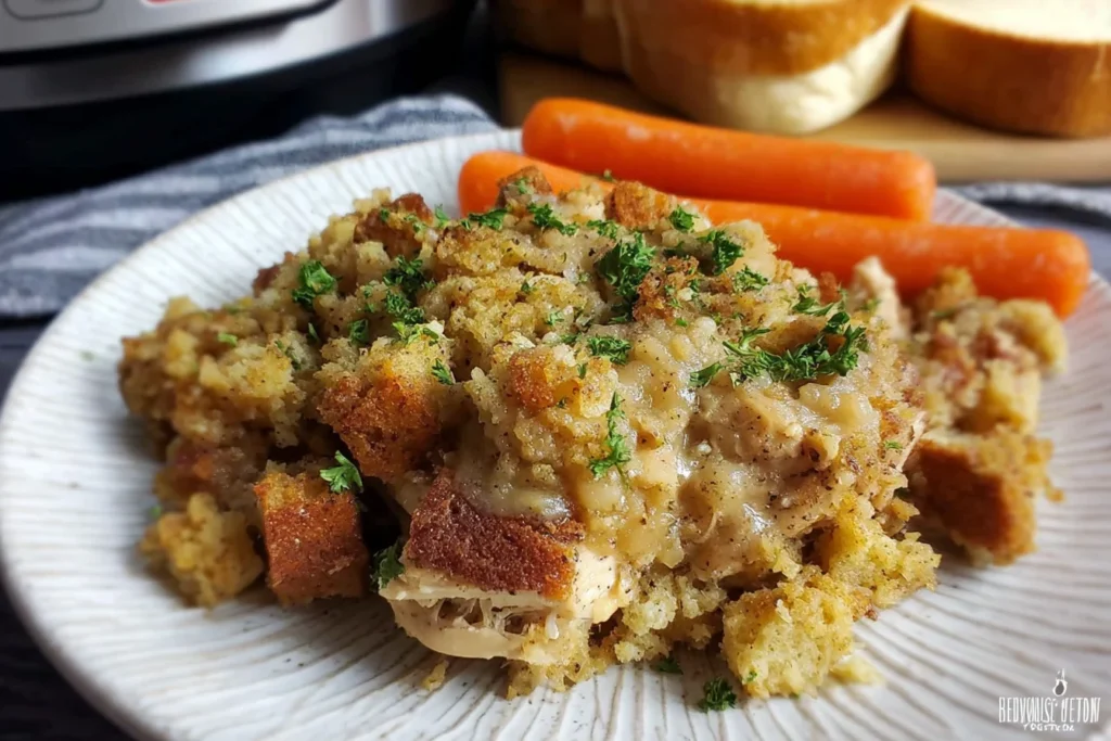 Slow Cooker CrockPot Chicken and Stuffing served on a plate with golden stuffing, tender chicken, and cozy homestyle gravy