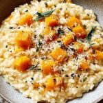 Creamy Butternut Squash Risotto served in a bowl with roasted squash, fresh herbs, and grated parmesan, showcasing its rich and creamy texture.