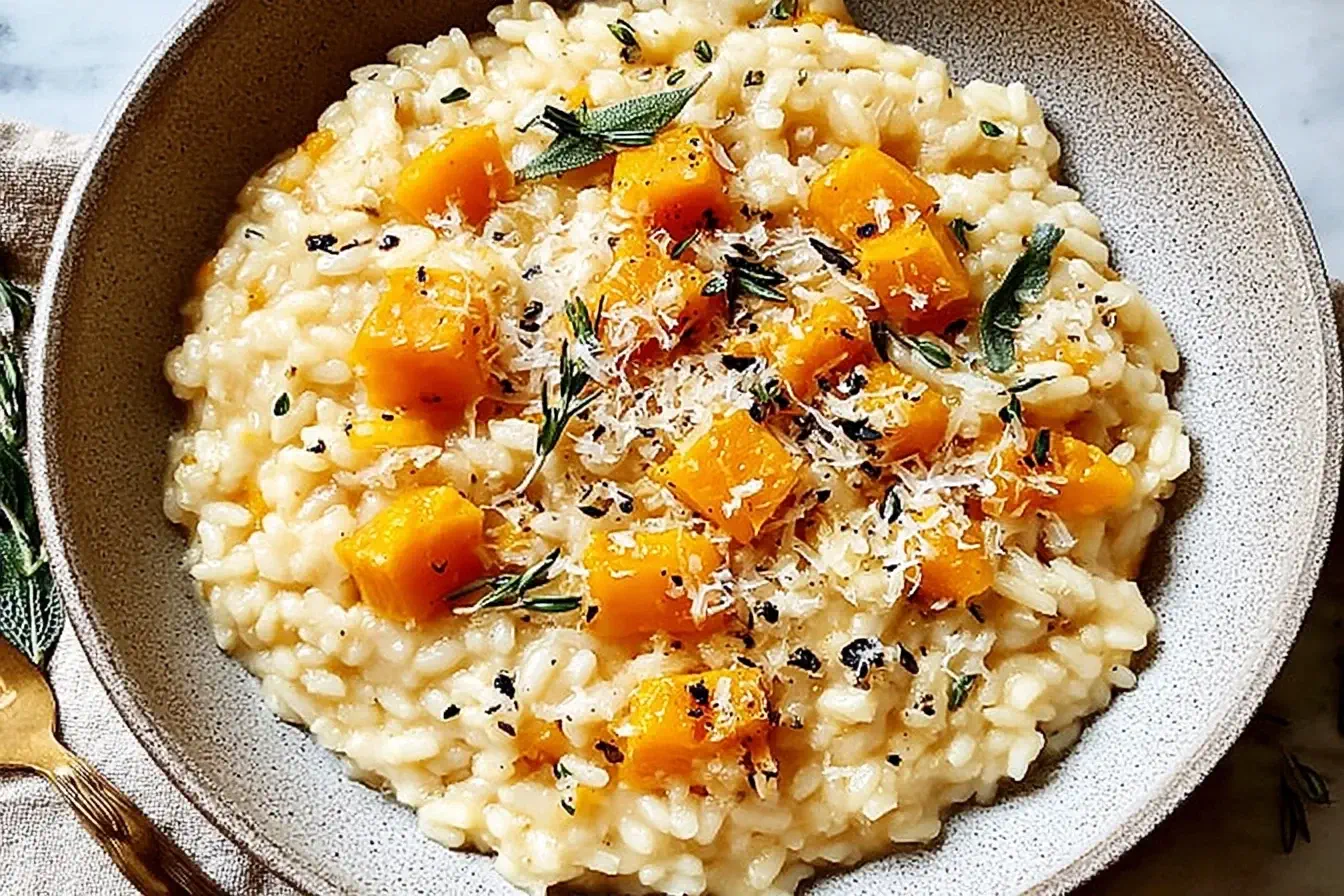 Creamy Butternut Squash Risotto served in a bowl with roasted squash, fresh herbs, and grated parmesan, showcasing its rich and creamy texture.