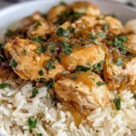 Bowl of Crock Pot No Peek Chicken with Rice featuring tender chicken chunks smothered in rich onion gravy over fluffy white rice.