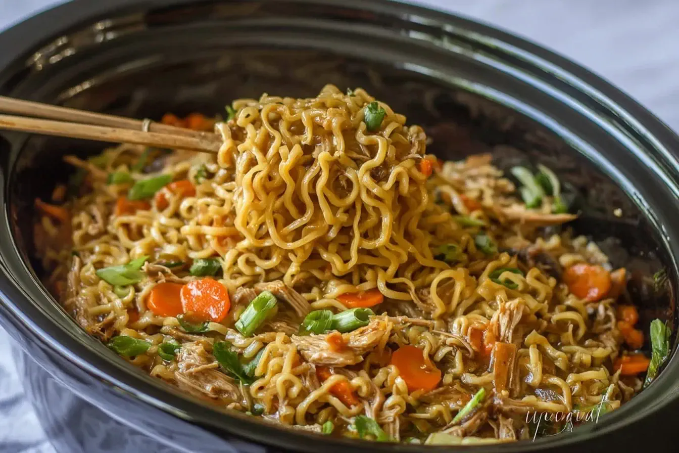 Crock Pot chicken Ramen with tender noodles, veggies, and shredded chicken served straight from a slow cooker