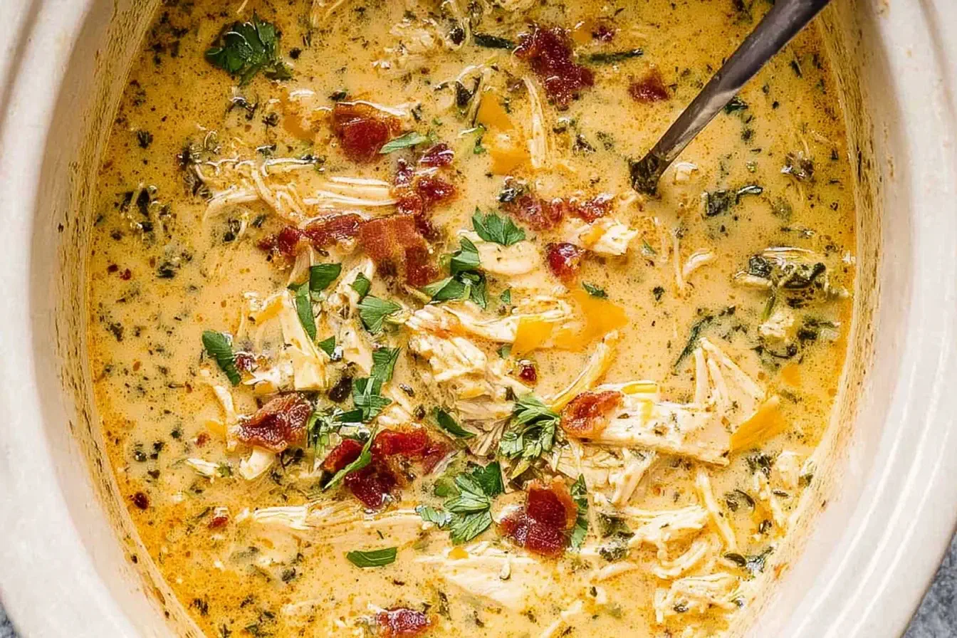 Slow Cooker Crack Chicken Soup simmering in a crockpot with shredded chicken, bacon, herbs, and creamy broth.