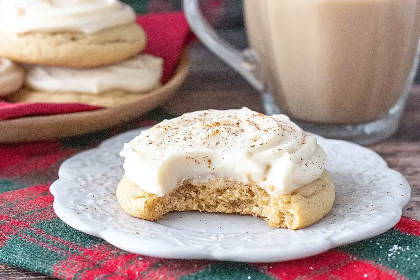 Soft Eggnog Cookies topped with creamy eggnog frosting and a sprinkle of nutmeg, shown with a bite taken out and a warm mug of eggnog in the background.