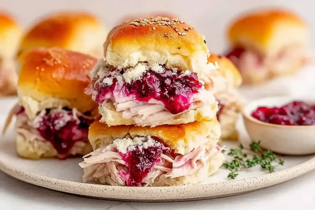 Stacked Turkey Cranberry Sliders overflowing with tender turkey and vibrant cranberry sauce on golden, buttery rolls.