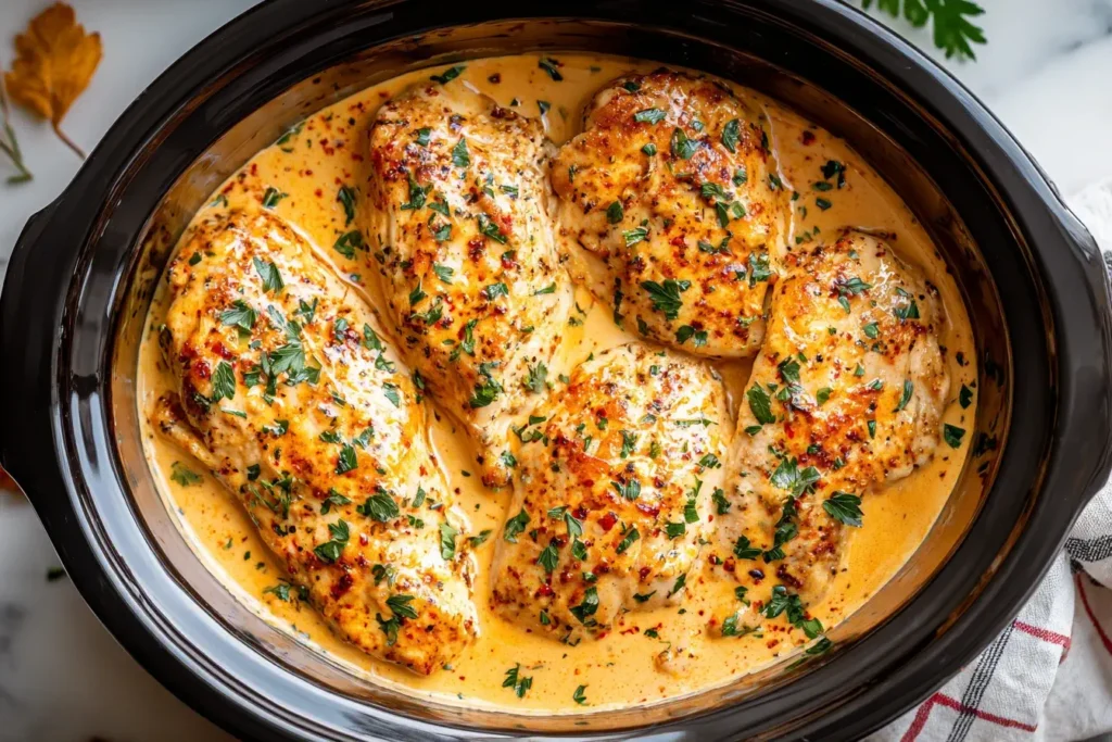 Crockpot Ranch Chicken simmering in a creamy ranch sauce with tender chicken breasts and fresh parsley in a slow cooker.