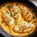 Crockpot Ranch Chicken cooking in a slow cooker with creamy ranch sauce, tender chicken breasts, and fresh parsley on top.