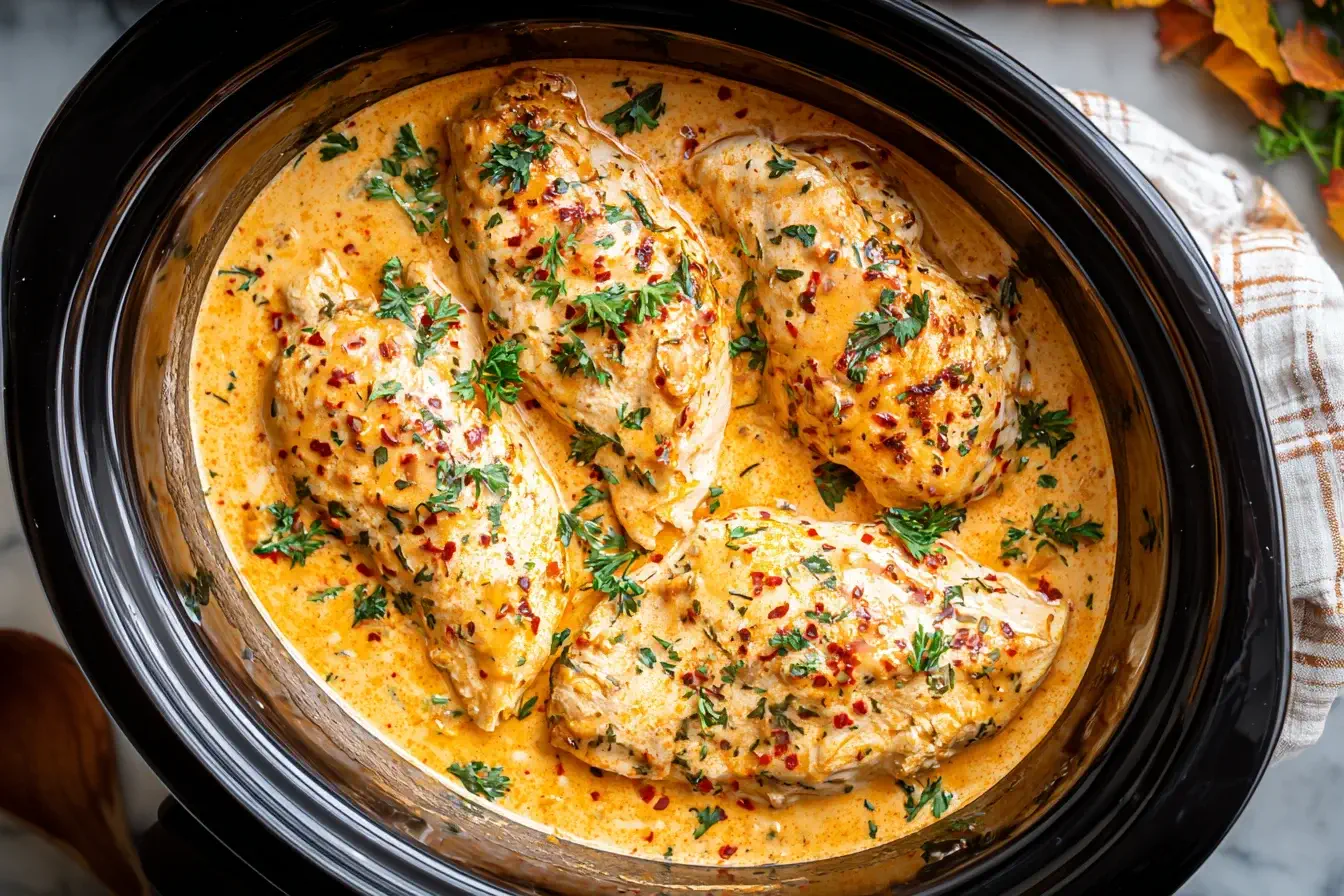 Crockpot Ranch Chicken cooking in a slow cooker with creamy ranch sauce, tender chicken breasts, and fresh parsley on top.