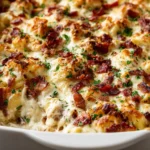 Crazy Good Casserole baked with creamy chicken, egg noodles, melted cheddar cheese, and crispy bacon, golden and bubbly in a casserole dish