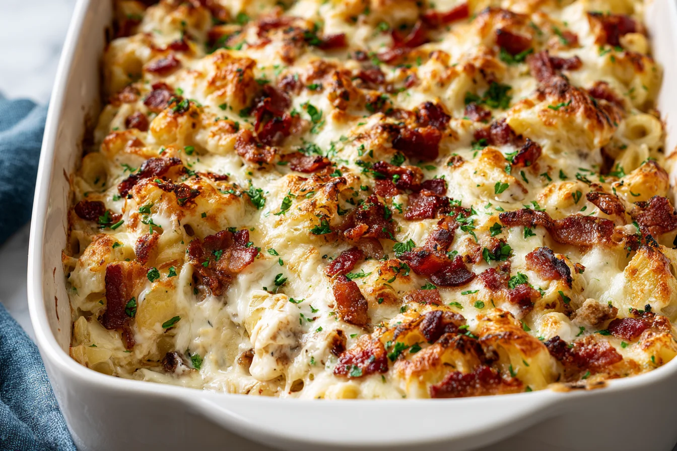 Crazy Good Casserole baked with creamy chicken, egg noodles, melted cheddar cheese, and crispy bacon, golden and bubbly in a casserole dish