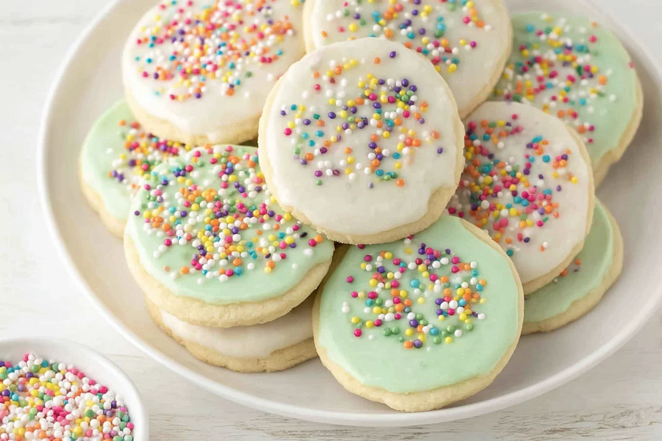 Vegan Gluten-Free Sugar Cookies topped with pastel icing and colorful sprinkles on a white plate