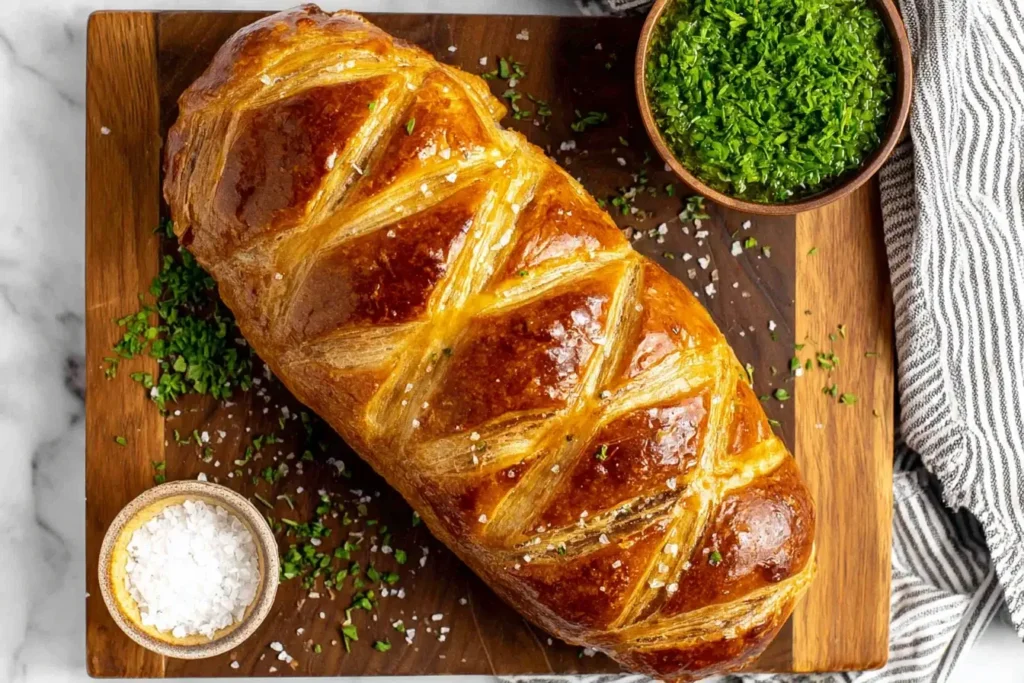 Whole Beef Wellington with golden puff pastry and flaky crust resting on a wooden board with herbs and sea salt