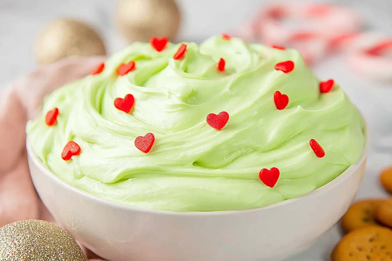 Creamy Grinch Dip topped with red heart sprinkles in a white bowl, festive holiday dessert.