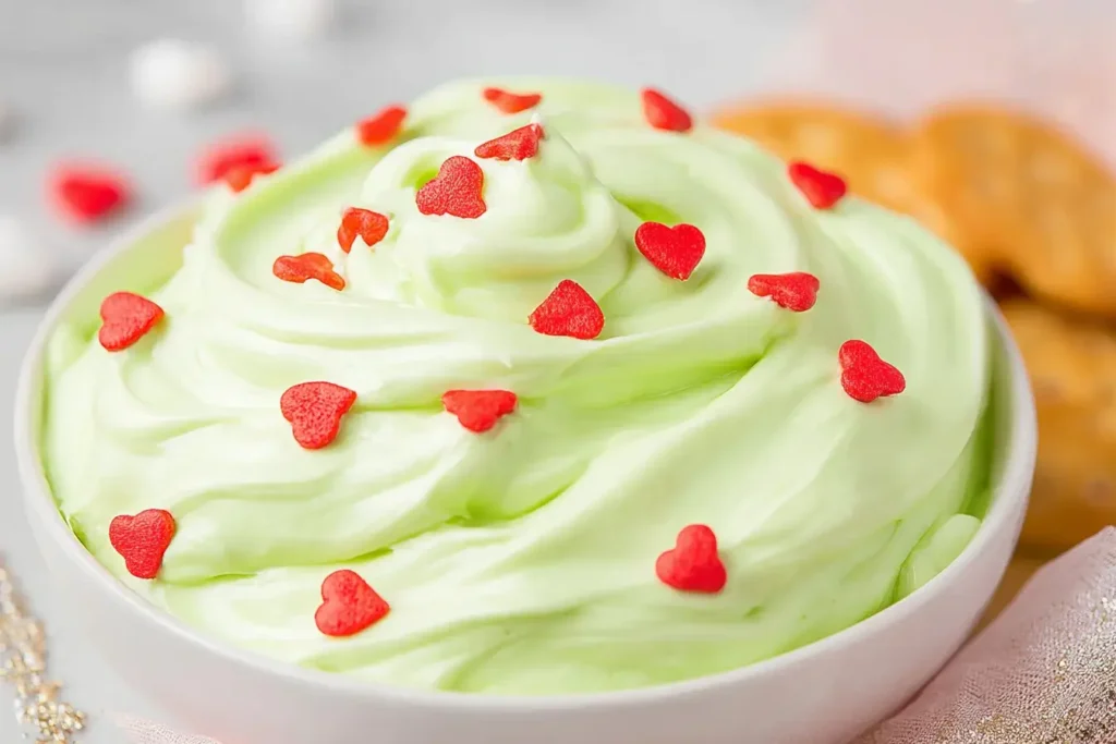 Creamy green Grinch Dip topped with red heart sprinkles in a white bowl for a festive holiday treat.