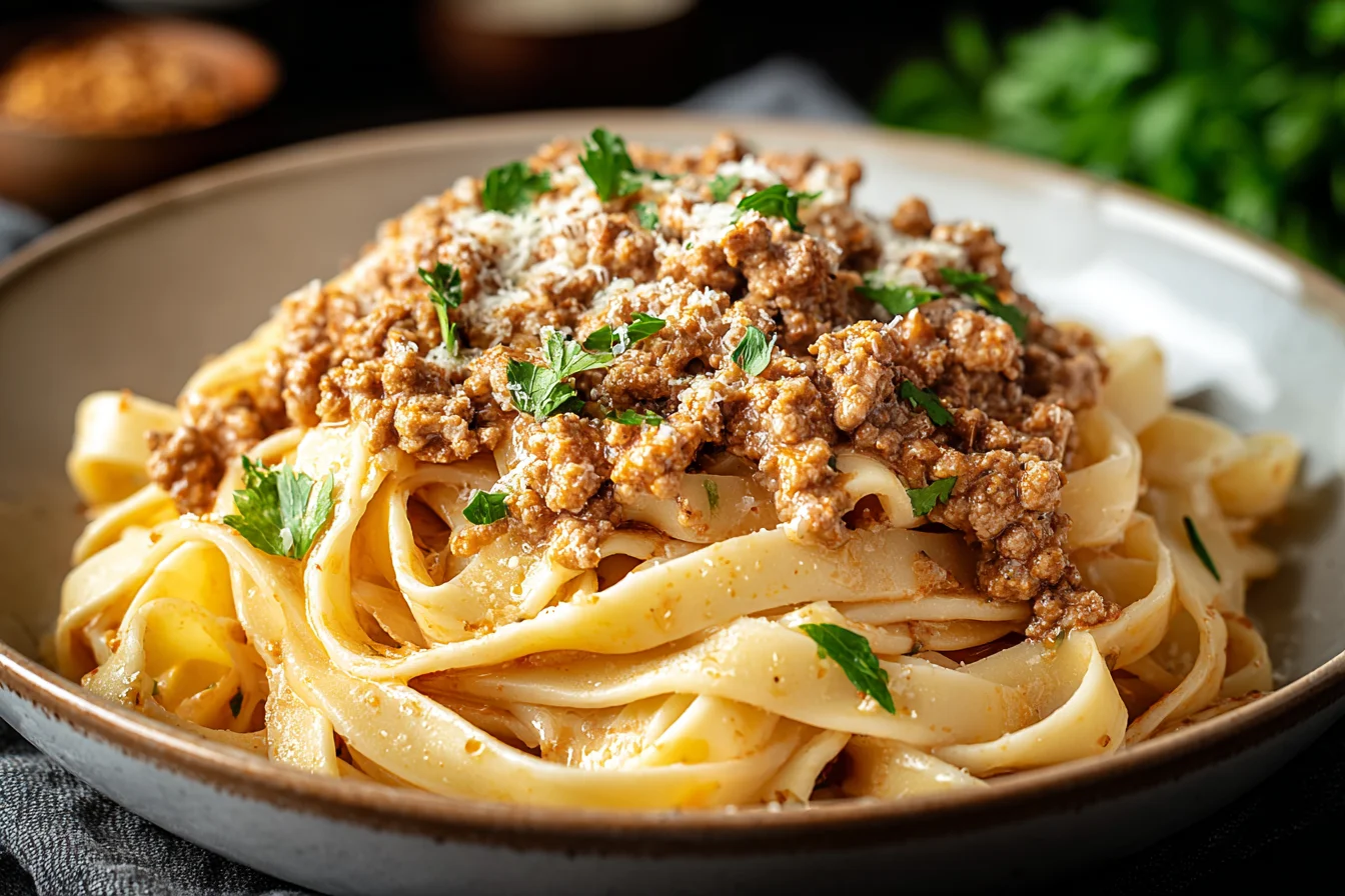 White Bolognese Sauce over pappardelle pasta, topped with Parmesan and fresh parsley in a rustic bowl.