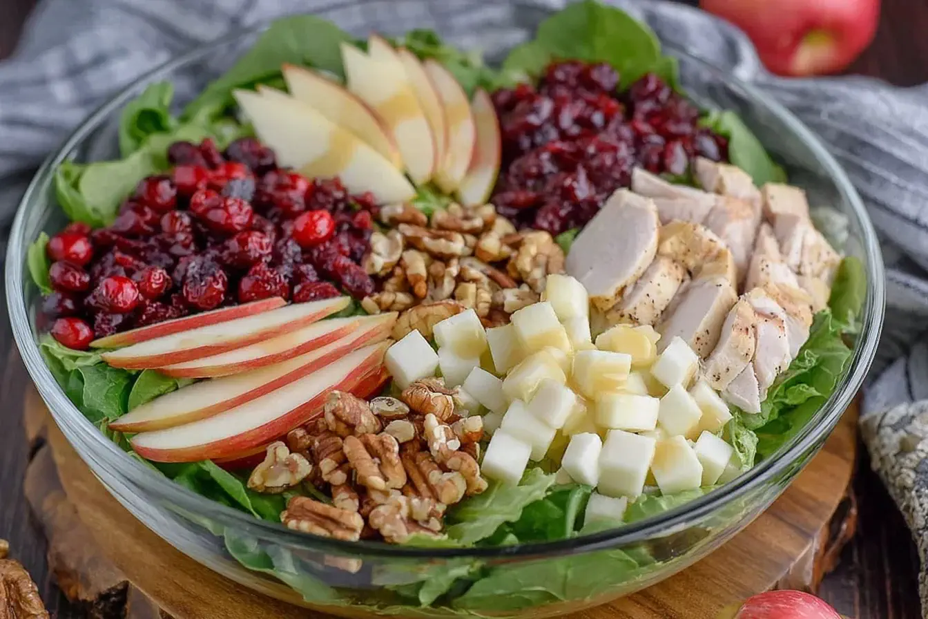 Apple Cranberry Salad with Turkey made with romaine lettuce, sliced apples, dried cranberries, walnuts, cheddar cheese, and tender turkey breast.