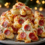 Festive Christmas Pizza Bites stacked on a plate, made with golden pizza dough, melted mozzarella cheese, and pepperoni, perfect for holiday parties.