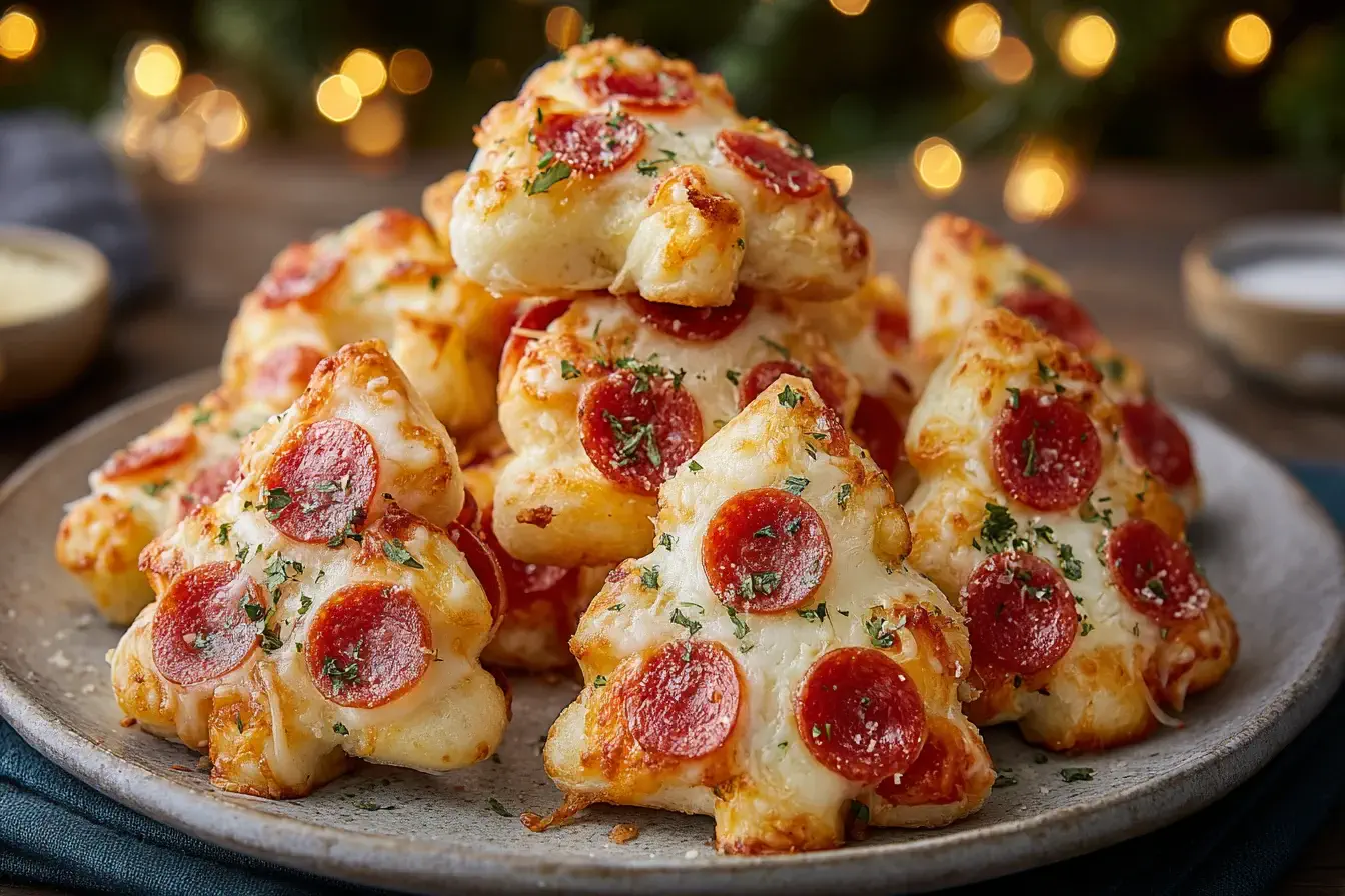 Festive Christmas Pizza Bites stacked on a plate, made with golden pizza dough, melted mozzarella cheese, and pepperoni, perfect for holiday parties.