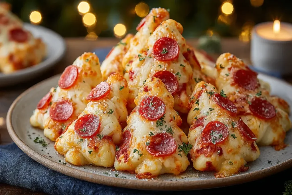 Plate of golden Christmas Pizza Bites shaped like mini trees, topped with melted mozzarella, pepperoni slices, and herbs, perfect for a festive holiday appetizer.