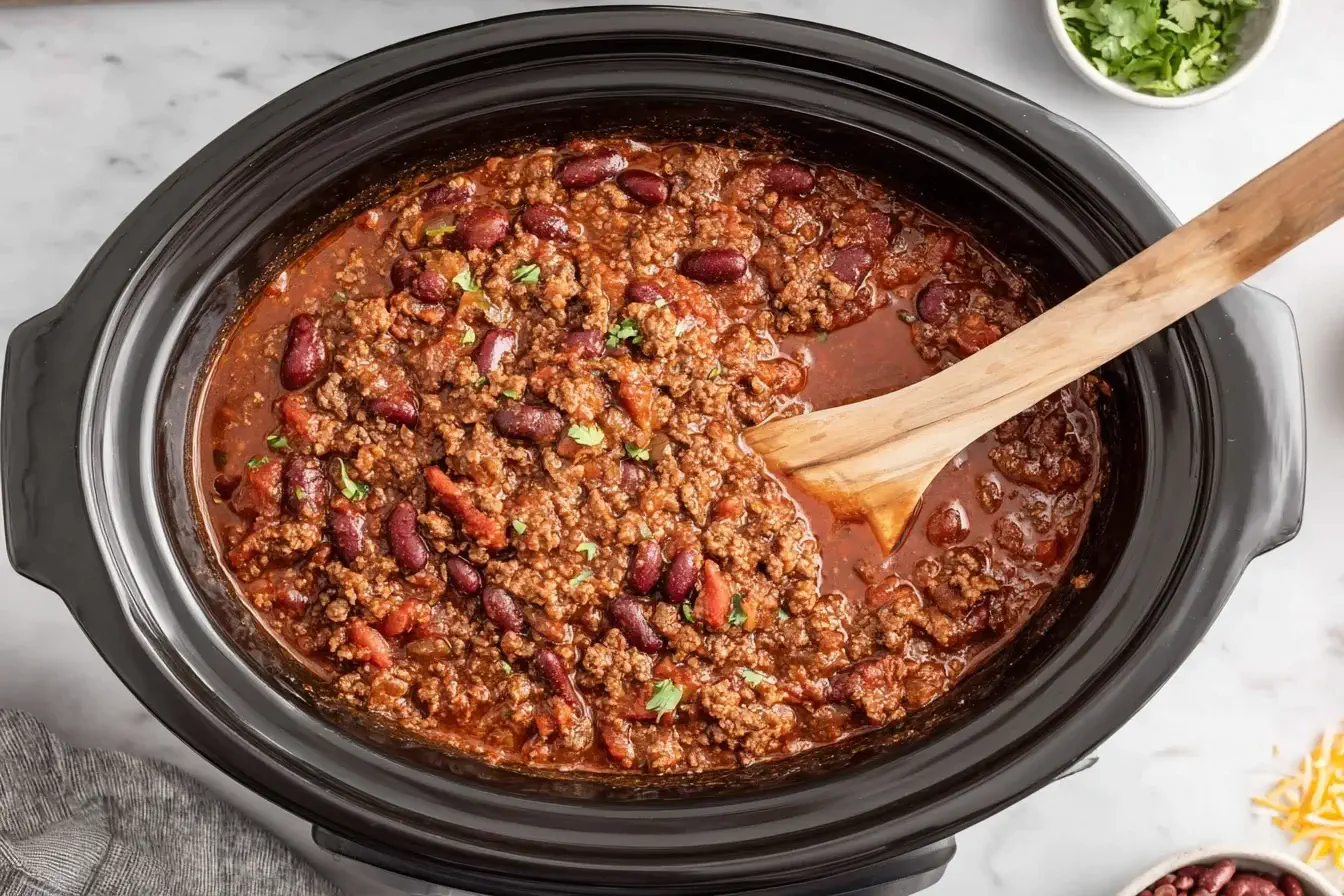 Chili Crockpot recipe cooking in a slow cooker with ground beef, beans, and rich tomato sauce being stirred with a wooden spoon.