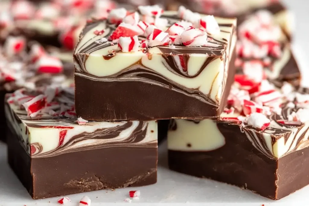 Close-up of rich Peppermint Swirl Fudge with creamy chocolate layers and crushed candy cane pieces on top.