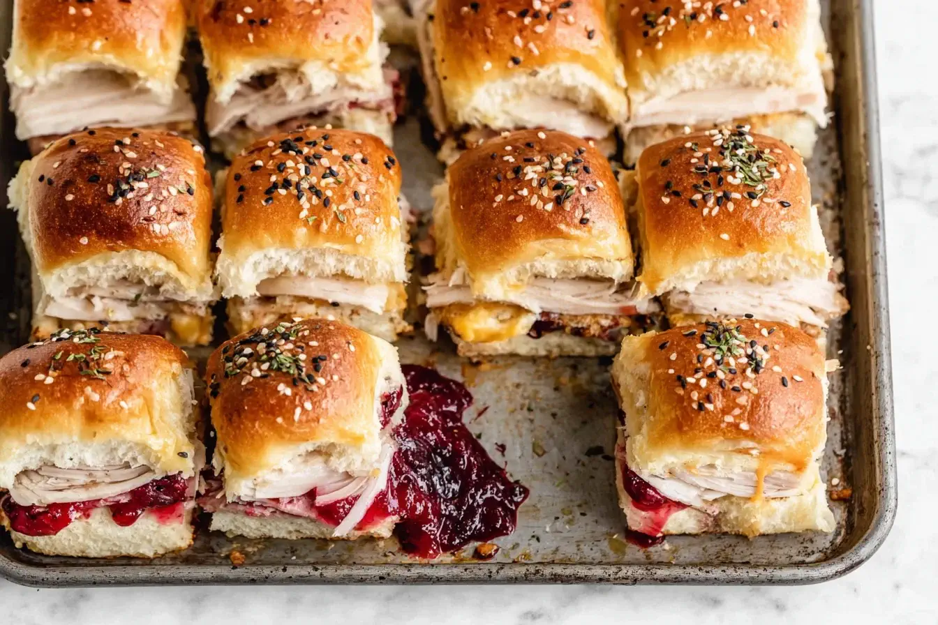 Freshly baked Turkey Cranberry Sliders with layers of turkey, melted cheese, and cranberry sauce on buttery rolls topped with everything seasoning.
