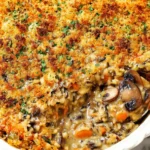 Easy Chicken Wild Rice Casserole in a white baking dish with a golden crispy panko topping, creamy mushroom wild rice filling, and a spoon scooping a warm serving.