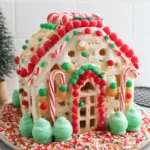 Festive Pop Tart Gingerbread House decorated with colorful candies, frosting, and holiday details, displayed on a sprinkle-covered base.