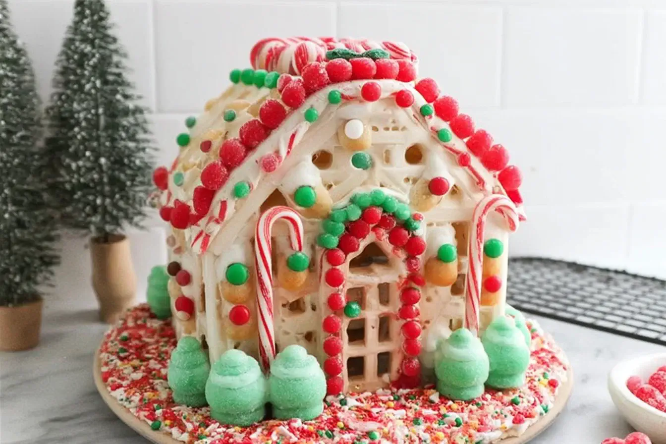 Festive Pop Tart Gingerbread House decorated with colorful candies, frosting, and holiday details, displayed on a sprinkle-covered base.
