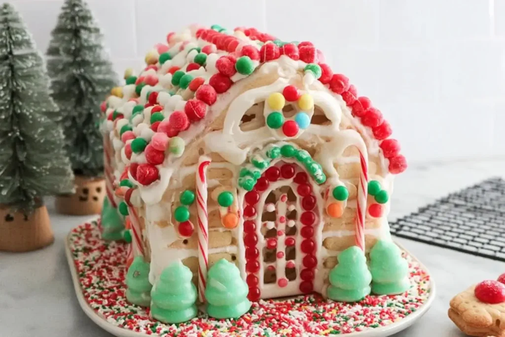 Colorful Pop Tart Gingerbread House decorated with candies, frosting, and candy canes on a festive sprinkle-covered plate