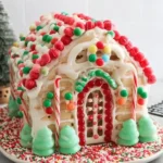 Colorful Pop Tart Gingerbread House decorated with candies, frosting, and candy canes on a festive sprinkle-covered plate