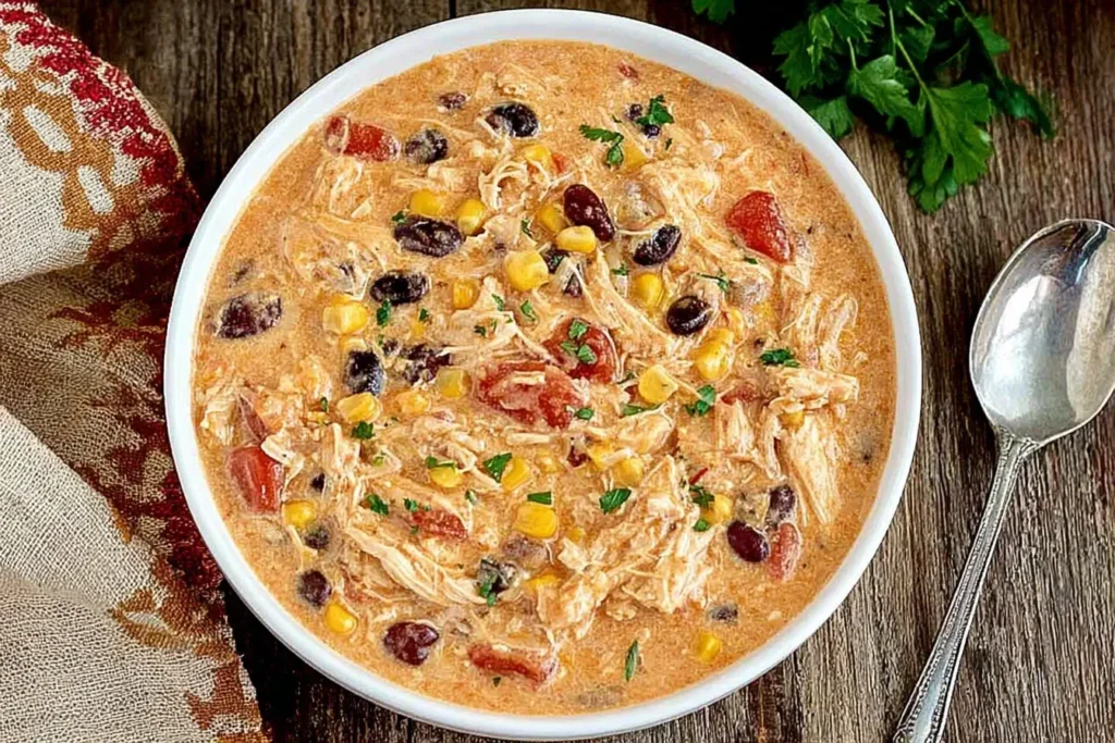 Creamy Crock Pot Cream Cheese Chicken Chili topped with shredded chicken, beans, corn, and fresh herbs in a white bowl on a rustic wooden table.