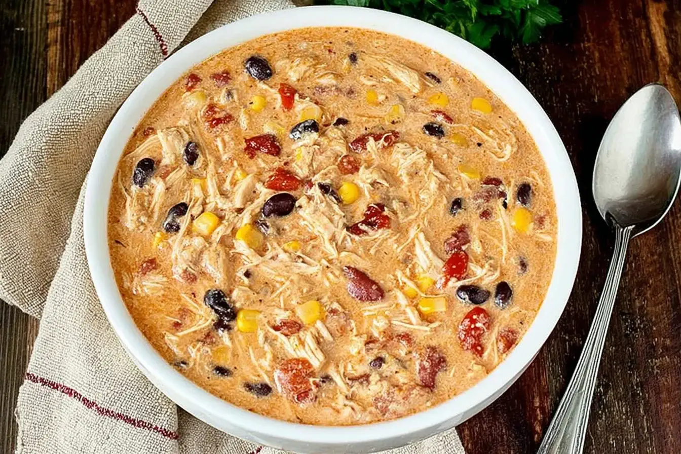 Creamy Crock Pot Cream Cheese Chicken Chili in a white bowl with shredded chicken, beans, corn, and tomatoes on a rustic table.