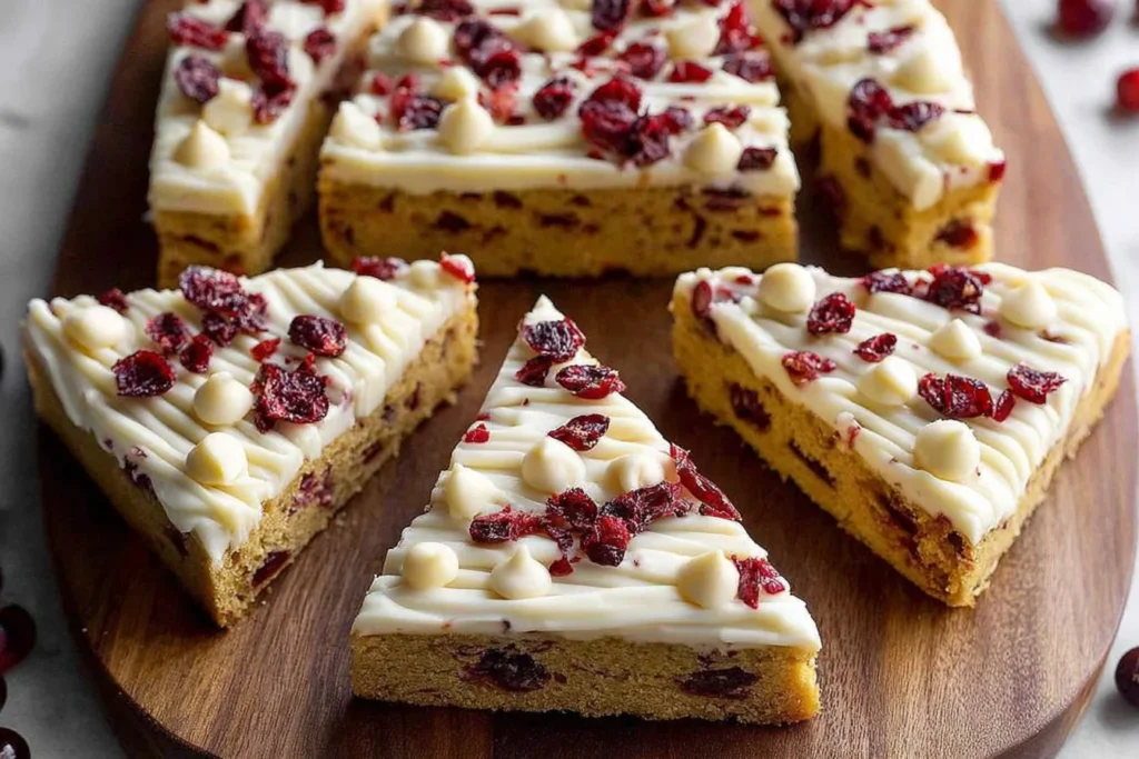 Starbucks Cranberry Bliss Bars sliced into triangle pieces with white chocolate frosting, dried cranberries, and white chocolate chips on a wooden serving board.