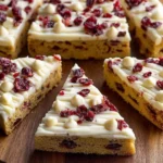 Starbucks Cranberry Bliss Bars sliced into triangle pieces with white chocolate frosting, dried cranberries, and white chocolate chips on a wooden serving board.