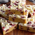 Starbucks Cranberry Bliss Bars cut into triangles, topped with creamy white chocolate frosting, dried cranberries, and white chocolate drizzle on a wooden board.
