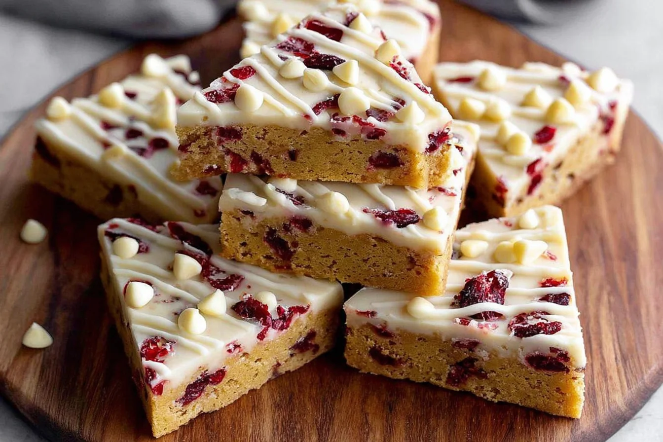 Starbucks Cranberry Bliss Bars cut into triangles, topped with creamy white chocolate frosting, dried cranberries, and white chocolate drizzle on a wooden board.