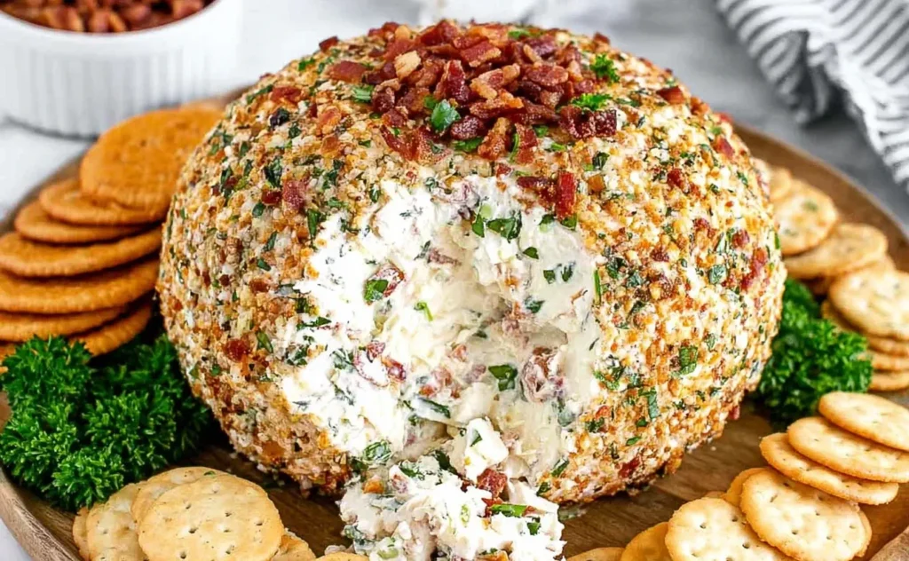Classic Cheese Ball Recipe coated in bacon, herbs, and nuts served with crackers on a wooden platter