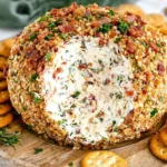 Classic Cheese Ball Recipe with bacon, herbs, and crunchy pecan coating served with crackers on a wooden board