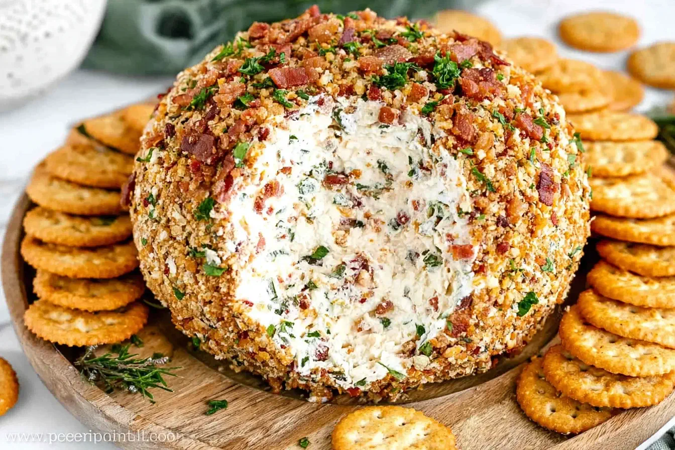 Classic Cheese Ball Recipe with bacon, herbs, and crunchy pecan coating served with crackers on a wooden board