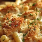 Dumpand Bake Chicken Parmesan Casserole with tender chicken, penne pasta, creamy sauce, and a golden Parmesan breadcrumb topping baked to perfection.