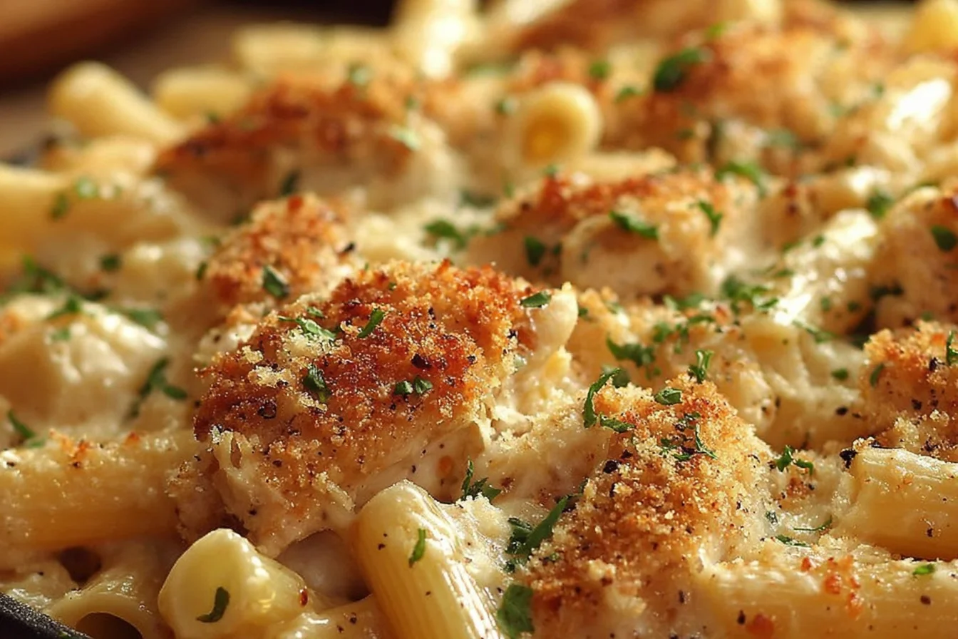 Dumpand Bake Chicken Parmesan Casserole with tender chicken, penne pasta, creamy sauce, and a golden Parmesan breadcrumb topping baked to perfection.