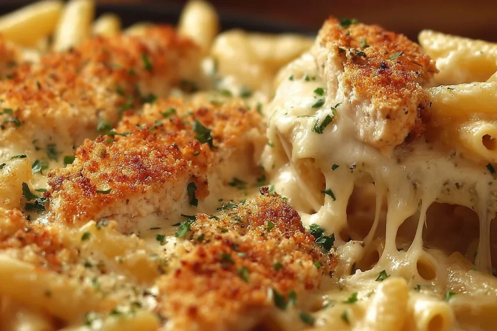 Dump and Bake Chicken Parmesan Casserole with crispy breaded chicken, penne pasta, and stretchy melted mozzarella in a creamy baked sauce.